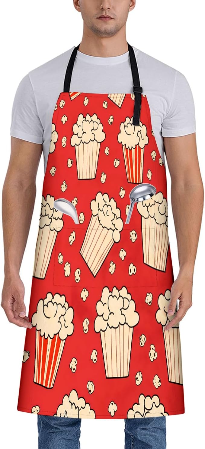 Movie Popcorn Apron for Women, 28x33in, Kitchen Chef Aprons with 2 Pockets, Polyester, Cinema Popcorn Apron for Cooking BBQ Baking Gardening Chef, Gifts for Mom Wife Dad
