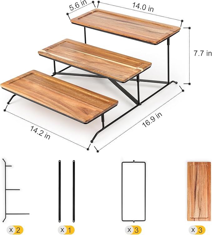 ZONEYILA 3 Tier Serving Stand with Wooden Serving Platter, 14 Inch Tier Serving Trays with Collapsible Sturdier Rack, Rectangle Cupcake Stand for Party