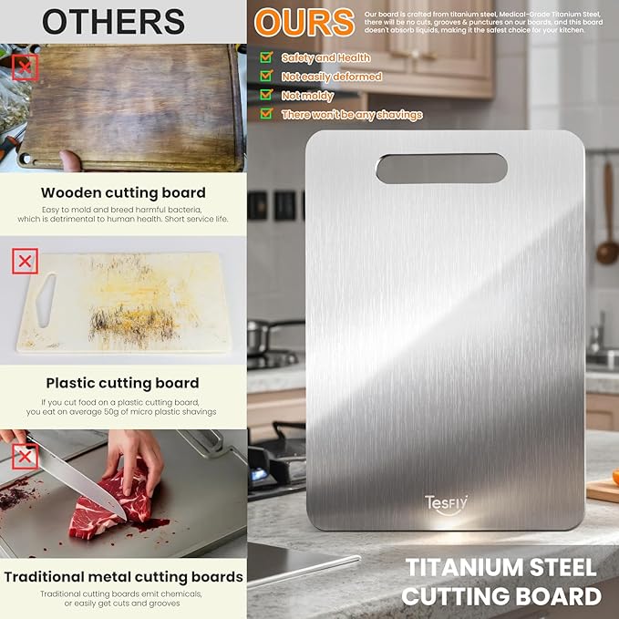 New Titanium Cutting Board - 100% Pure Titanium Cutting Boards For Kitchen,Easy to clean,Double-sided food-grade Cutting Board For Cutting Meats, Fruits And Vegetables (Large)