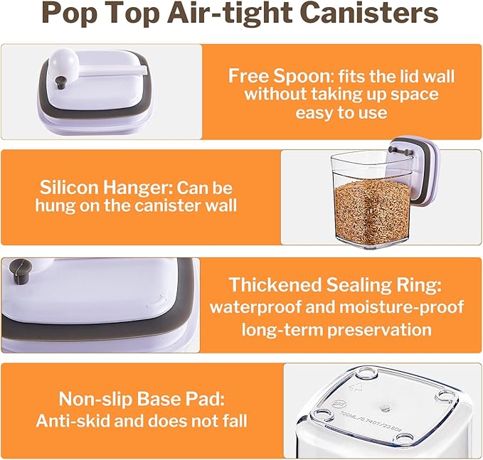Pop Top Food Storage Container Set | 6Pcs Airtight Cereal Storage Organizer Canisters with Pop Lids, BPA-Free, Vacuum Seal & One-button Opening, Stackable Pantry Containers for Dry Food Storage