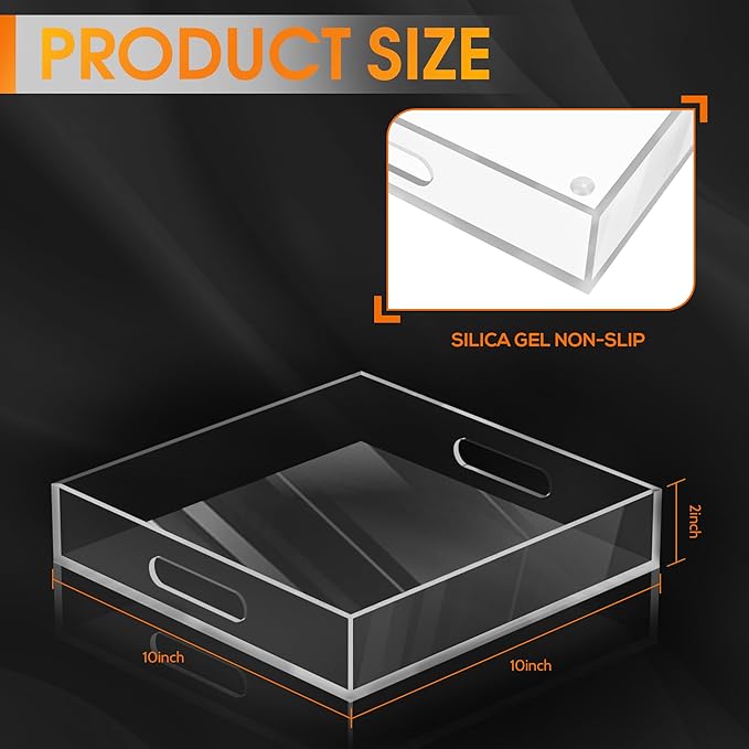 MAONAME Acrylic Serving Tray with Handles, 10"X10" Rectangular Clear Tray, Ottoman Decorative Trays, Coffee Table Trays for Countertop, Living Room, Office