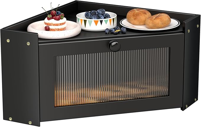 Corner Bread Box for Kitchen Countertop, Vintage Wooden Counter Organizer, Bamboo Bread Storage Bin for Homemade Bread, Small Farmhouse Corner Breadbox Container with Acrylic Window, Black