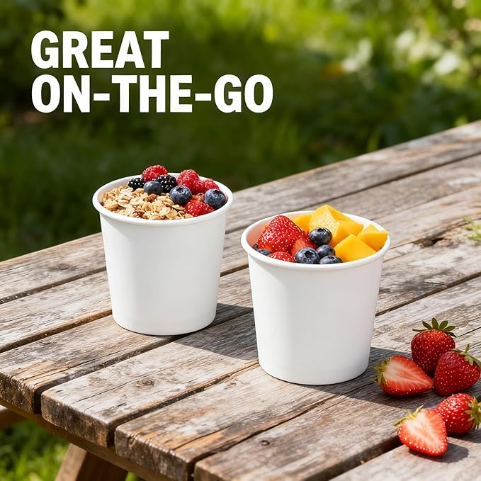 Paper Town Disposable Paper Soup Containers with Vented Lids, White, 12 oz, Round, 50 Count, Compostable Food Storage Container, Ice Cream Cups