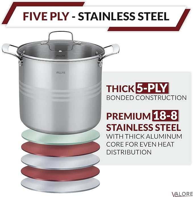 Valore 16 qt Stainless Steel Stock Pot with Lid & Canning Rack - 5-ply Soup Pot with Brushed Stainless Finish & Riveted Handles