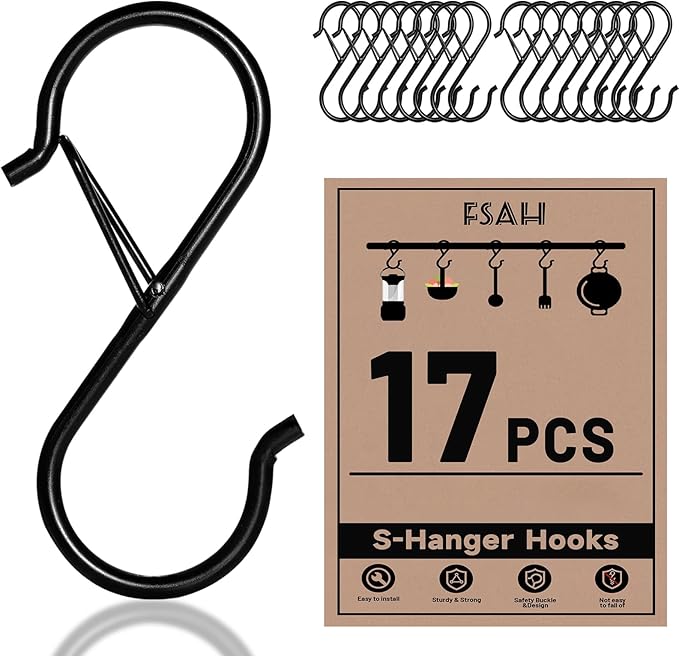 17 Pcs S Hooks for Hanging Safety Buckle, 3.5 Inch Stainless Steel S Shaped Locking Hooks for Colleague Dorm, Kitchen, Plants Pots Towels Bags, Black