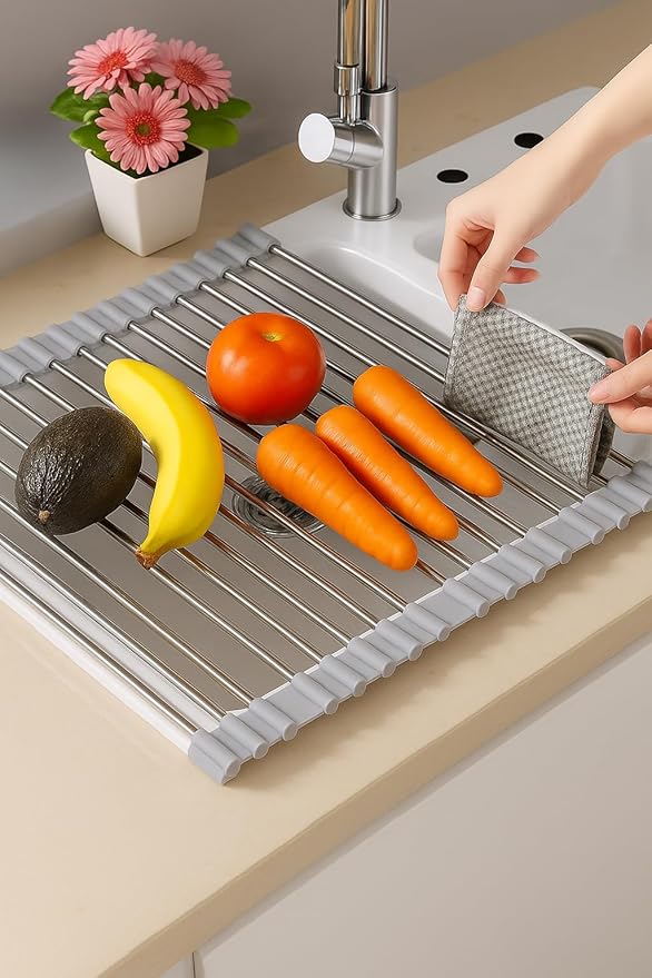 Roll Up Dish Drying Rack – Stainless Steel & Silicone Over Sink Mat, Foldable Kitchen Counter Organizer – Includes Mini Silicone Oven Mitts (Gray)