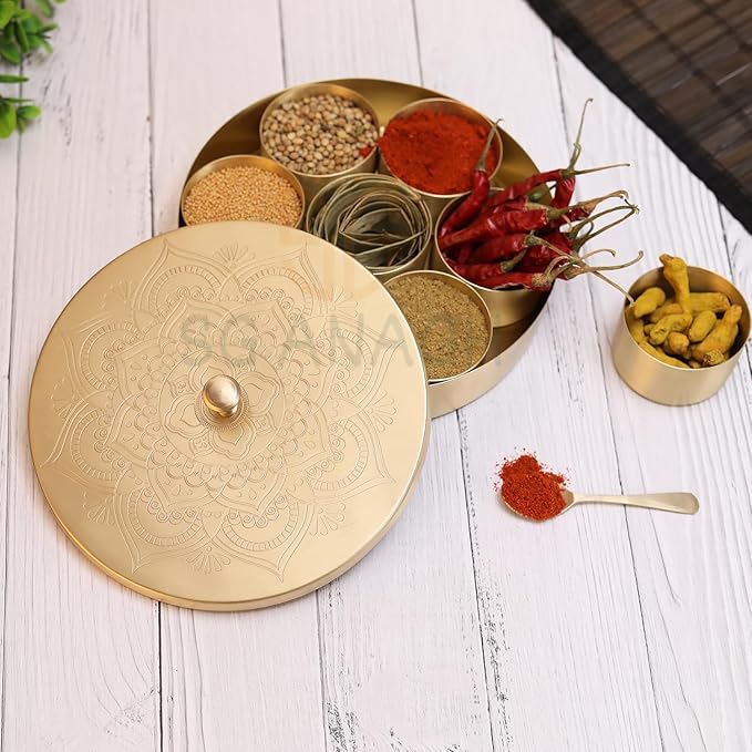Brass Round Spice Box Masala Dabba-Spice Box Set With Spoon Container 90 ML Indian Masaladanni for Kitchen Counter 8 Inch With Spoon (Floral, 8 Inch (Medium Family)