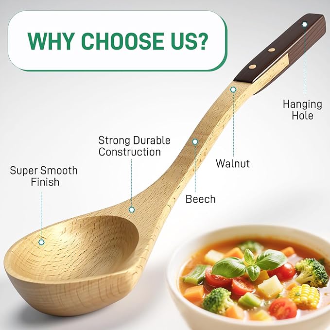 Wooden Soup Ladle – Beech and Walnut Handle Kitchen Utensils for Serving Soup, Sauce, and Pancake Batter – Handcrafted Cooking Ladles for Everyday Use – Durable Wood Design