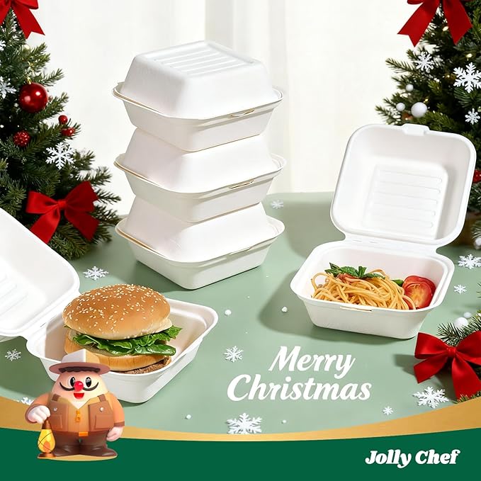 JOLLY CHEF Clamshell Take Out Food Containers, [6 * 6" 200-Pack] To Go Containers Disposable, Sugarcane To Go Boxes for Salad,Lunch