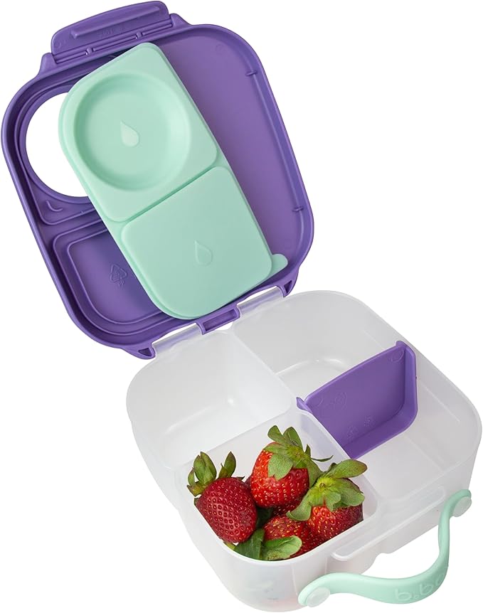 b.box Mini Lunch Box, Bento Box for Kids, Snack Container with 2 Leak Proof Compartments, Reusable Snack Containers with Lids, Kids Lunch Boxes Ages 3+, BPA Free, 4 1/4 Cup Capacity (Lilac Pop)