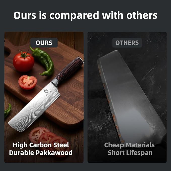 7 Inch Nakiri Knife - 7" Razor Sharp Meat Cleaver and Vegetable Kitchen Knife, Professional Vegetable Chopping Knife, High Carbon Stainless Steel Blade with Ergonomic Handle