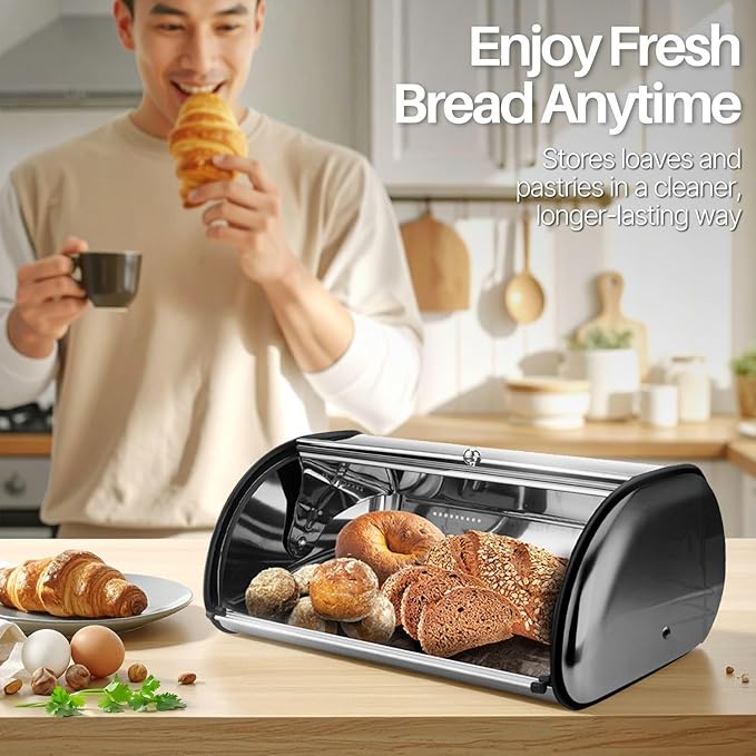 Flexzion Stainless Steel Bread Box For Kitchen Countertop (17 inch) - Kitchen Countertop Metal Bread Storage with Roll Up Lid & Front Window for Restaurant & Homemade Cakes, Buns, Pastries, Pancakes