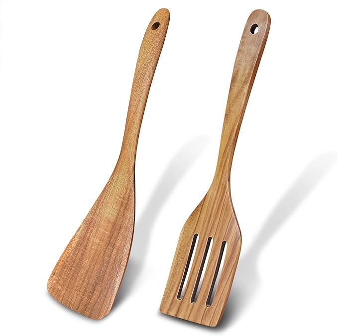 2 Pcs Wooden spoons for cooking,(Fried Spatula&Slotted Spatula). Teak wood kitchen utensils set, Long handle frying turner, Non-stick and non scratch spurtle for backing, frying and cooking.