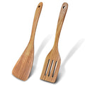 2 Pcs Wooden spoons for cooking,(Fried Spatula&Slotted Spatula). Teak wood kitchen utensils set, Long handle frying turner, Non-stick and non scratch spurtle for backing, frying and cooking.