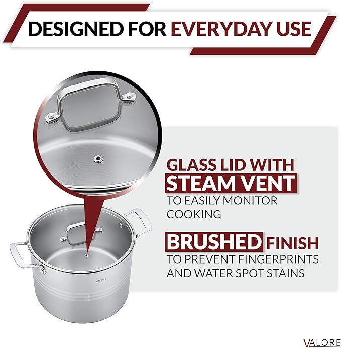 Valore 16 qt Stainless Steel Stock Pot with Lid & Canning Rack - 5-ply Soup Pot with Brushed Stainless Finish & Riveted Handles