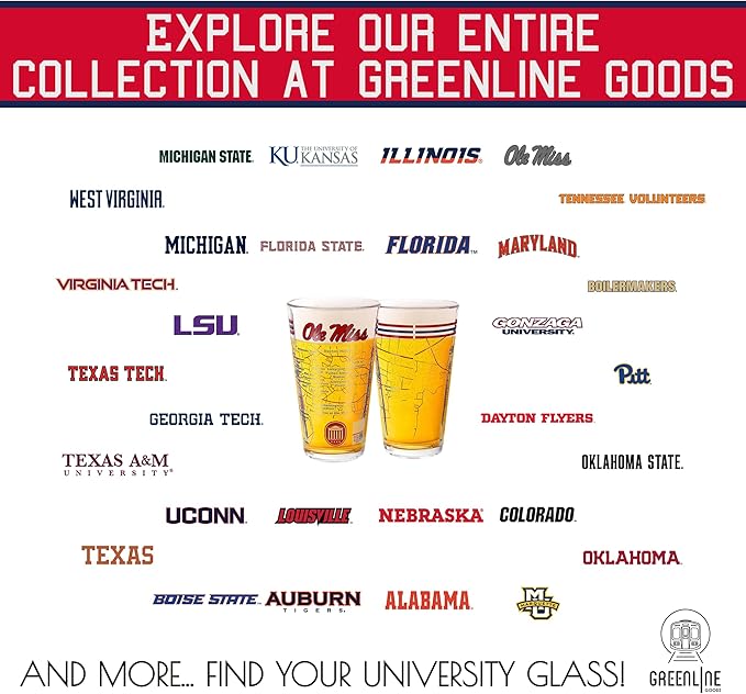 Greenline Goods – University of Mississippi Rebels College Pint Beer Glasses (Set of 2), 16 oz – Full-Color Logo + Campus Map