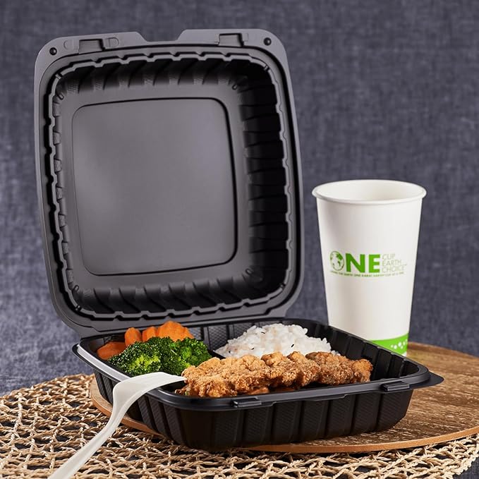 KARAT EARTH Clamshell Take Out Food Containers [9"x9" - 120 ct] To Go Containers | 3 Compartment, Soak-Resistant, Durable, Stackable | Vented for Hot/Cold Foods, Black