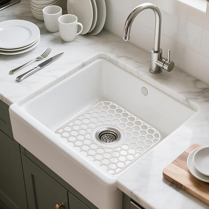 Silicone Sink Protectors for Kitchen Sink - 12" x 11" Kitchen Sink Grid Accessory, Non-Slip Heat-Resistant Mat for Bottom of Porcelain Stainless Steel, Dishwasher Safe (White)