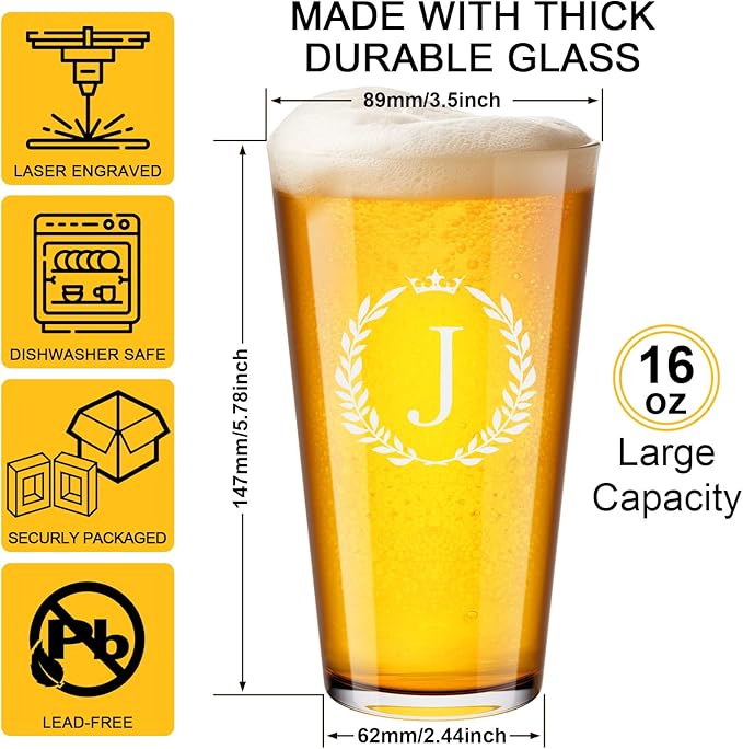 Personalized Beer Glasses Gifts for Men, 16 oz Pint Glasses Monogrammed A-Z Drinking Glass Cups Customized Gift, Unique Christmas Anniversary Birthday Gifts for Men Him Dad Brother Husband Grandpa (J)