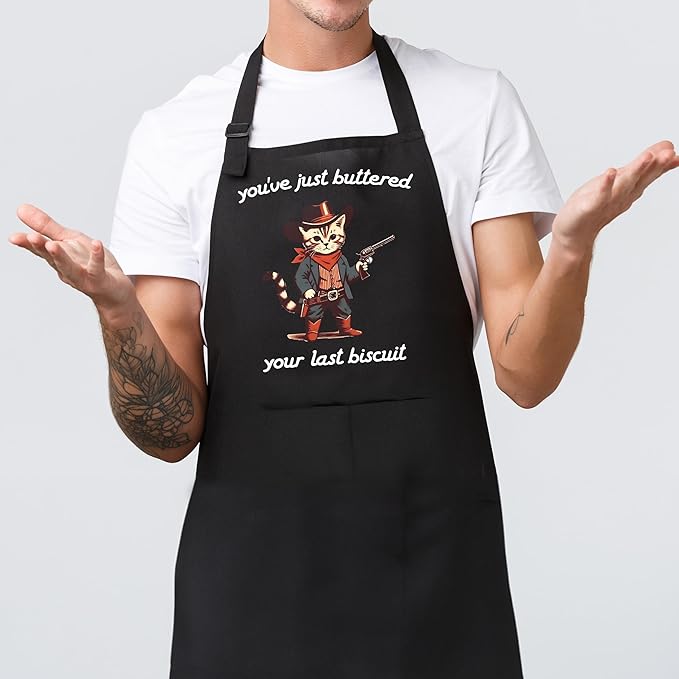 Funny Western Cat Baking Aprons with Pockets, Gifts for Bakers Women, Cat Lover Mom Dad Gifts Waterproof Adjustable Bib Apron for Kitchen Dishwashing Cooking Grilling Baking