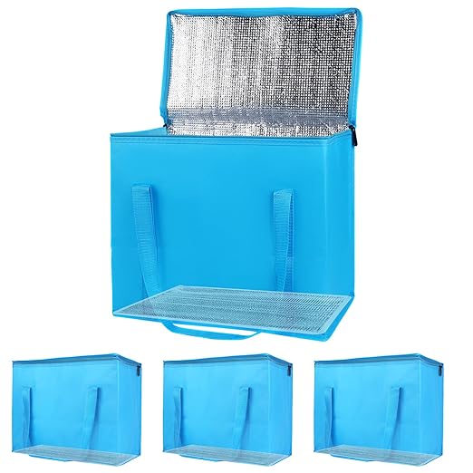 Bodaon 4-Pack Cooler Insulated Food Delivery Bag, X-Large Bags With Top Zippered for Grocery/DoorDash/Catering/Shopping, Thermal Hot Pizza, Large Cold Frozen, Blue With Bottom