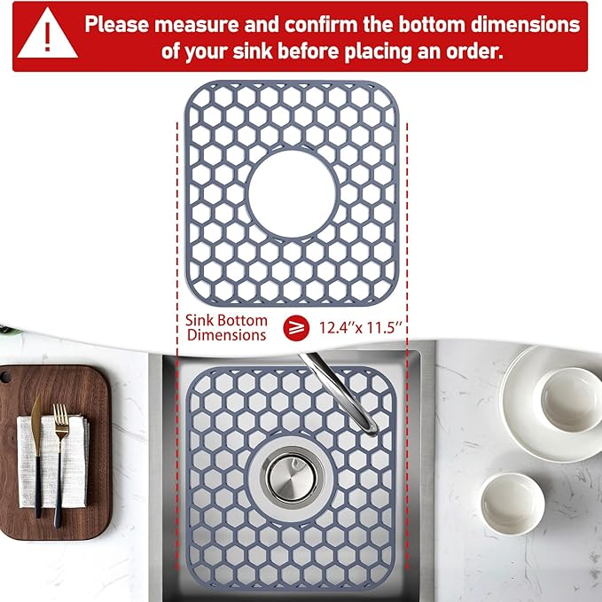 2 Pack Silicone Sink Protectors for Kitchen Sink - 12" x 11" Kitchen Sink with Center Drain Accessory, Non-Slip Heat-Resistant Mat for Bottom of Porcelain Stainless Steel, Dishwasher Safe
