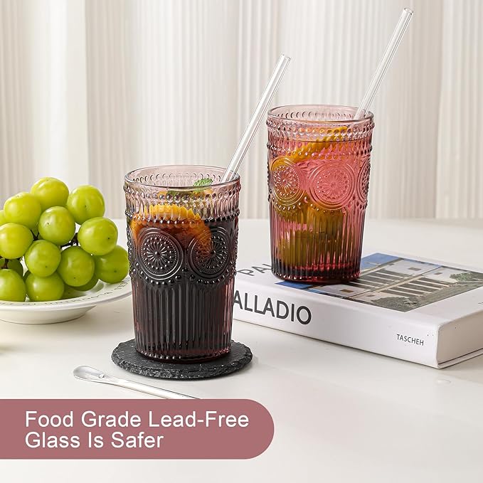 Vintage Glassware Drinking Glasses Set of 6,13 oz Purple Textured Flower Design Glass Water Tumblers，Embossed Striped Drinkware for Water,Cocktails,Juice,Iced Coffee