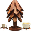 Tree Trivet Set - 4 Pcs Walnut Wooden Trivets with Stand, Foldable Christmas Tree Hot Pot Holders | Snowflake Unfold Design, Effective Heat Insulation