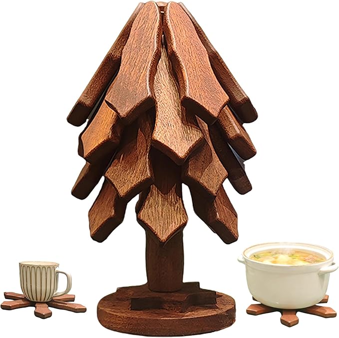 Tree Trivet Set - 4 Pcs Walnut Wooden Trivets with Stand, Foldable Christmas Tree Hot Pot Holders | Snowflake Unfold Design, Effective Heat Insulation