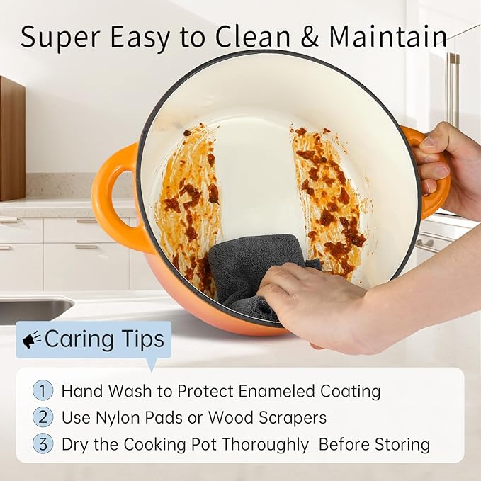 6 Quart Enameled Cast Iron Dutch Oven Pot with Lid, Oven Safe up to 500°F or on Stovetop, Non-stick Dutch Oven for Bread Baking, Cooking, Dual Handles Cookware, Orange
