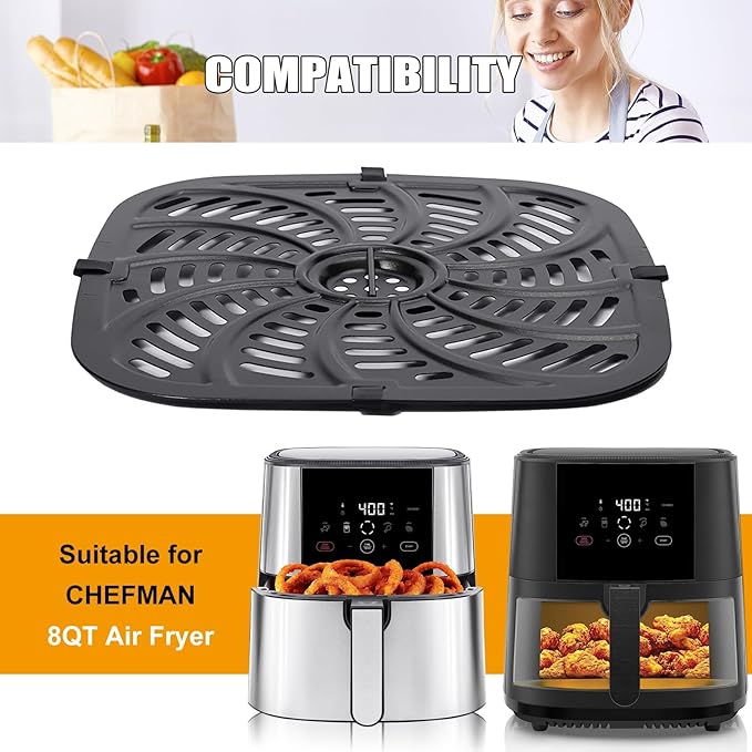 Air Fryer Grill Pan for Chefman TurboTouch Easy View Air Fryer 8 QT, Food Grade Non-Stick Air fryer Accessories Replacement Tray Rack Parts Grill Crisper Plate with Rubber Bumpers, Dishwasher Safe