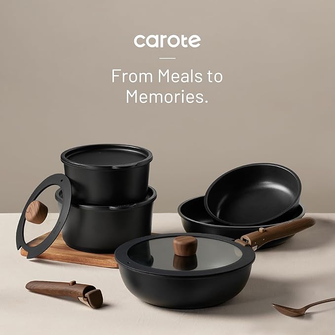 CAROTE 19pcs Pots and Pans Non Stick, Cookware Sets Detachable Handle, Induction Kitchen Pots and Pans,NonStick Cooking Set, Oven/Dishwasher/Fridge Safe, Space Saving