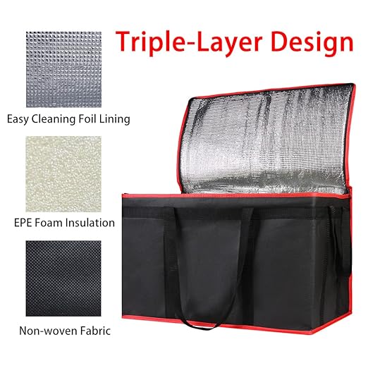 Bodaon 4-Pack Cooler Insulated Food Delivery Bag for Doordash/Uber Eats, XXX-Large Thermal Bags for Catering/Hot Pizza, Travel/Camping Essentials/Picnic/Grocery Reusable Warmer Frozen, Black-Red Edge