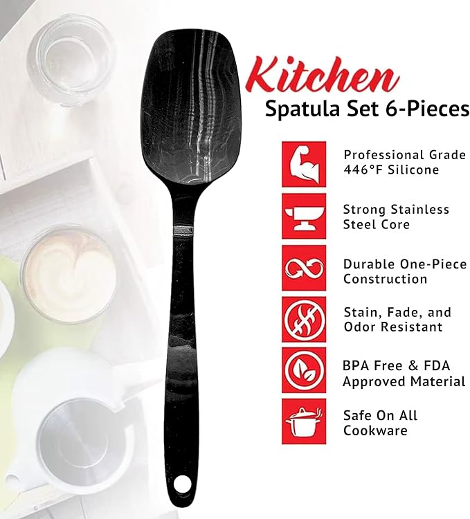 Premium Silicone Marbled Spatula Set of 6 – 446°F Heat-Resistant One-Piece Steel Core, Non-Stick Kitchen Tools for Baking, Cooking & Mixing – Dishwasher Safe (Black)