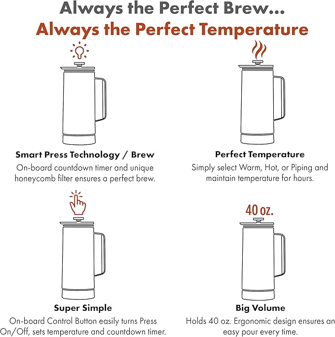 Nextmug Press - Temperature-Controlled, Self-Heating French Press (Black - 40 oz.)