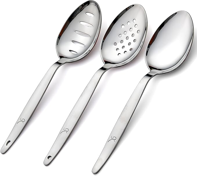 3-PCS Kunz Spoon | 9 Inch 18/10 Stainless Steel Serving Spoons Set Include Serving Spoon, Slotted and Perforated Spoons, Perfect for Basting, Plating, Quenelle, Sauces