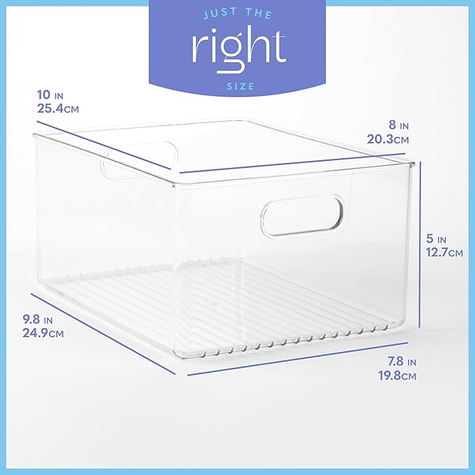 primebox Plastic Food Storage 2 Pack Clear Container Bin with Handles for Organizing Kitchen, Pantry, Refrigerator, Freezer, Pantry, Cabinet, Closet, Bathroom 10”x8”x5”