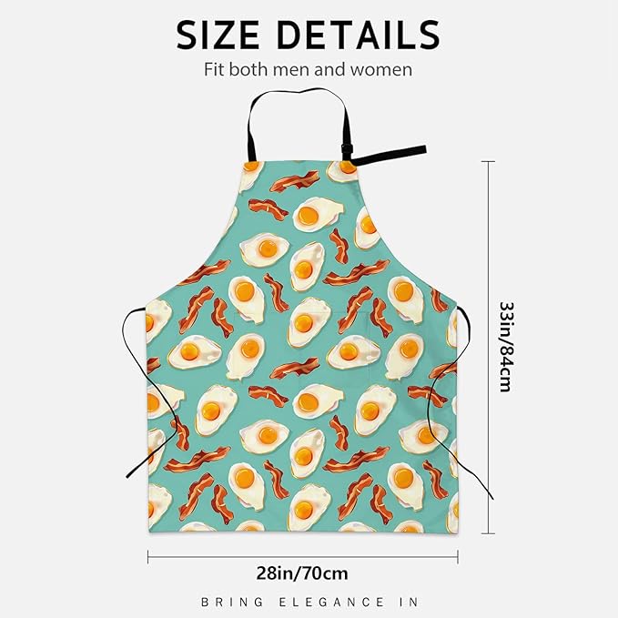 Delicious Eggs and Bacon Apron for Women Men, Cooking BBQ Chef Polyester Lightweight Playful Breakfast Aprons with Pockets for Baking Kitchen Gardening Cleaning, Adjustable, 28×33inch