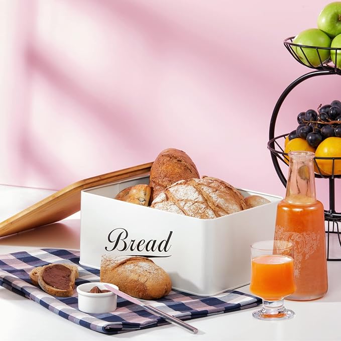 RoyalHouse Modern Metal Bread Box with Bamboo Cutting Board Lid, Bread Storage Container for Kitchen Counter, Vintage Kitchen Decor Organizer