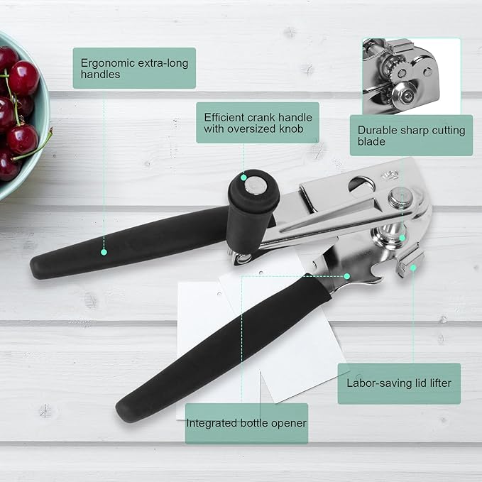 Manual Can Opener with Folding Crank Handle, Commercial Heavy Duty Hand Held Can Openers with Magnet, for Seniors with Comfortable Long Rubber Handle