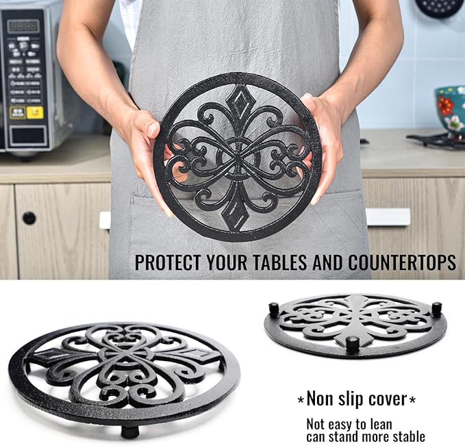 Sungmor Heavy Duty Cast Iron Round Metal Trivet,Rustproof Black Racks Stands Holders for Hot Pans or Teapot,Kitchen or Dinning Table Decorations