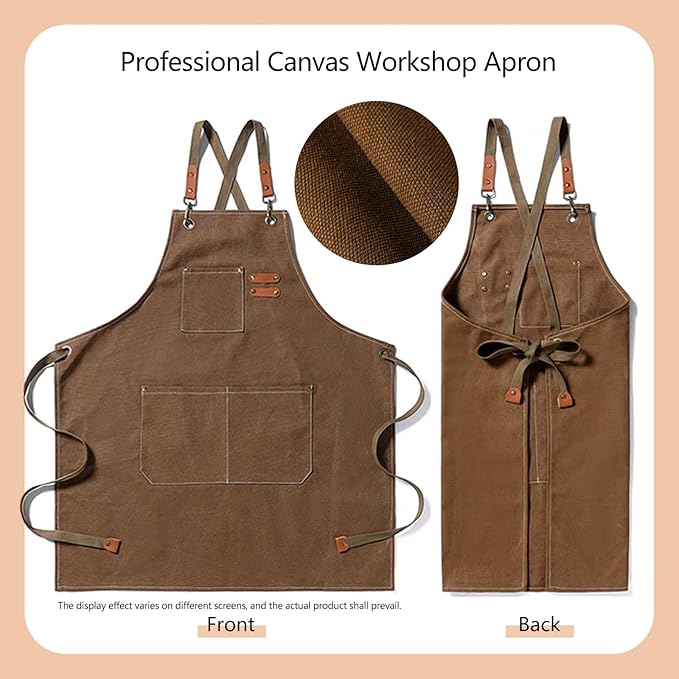 Canvas Apron with Cross Back Straps for Men & men,Chef & work Apron with Multiple Pockets for Cooking,BBQ,Workshop,Gardening and Crafts(Brown)
