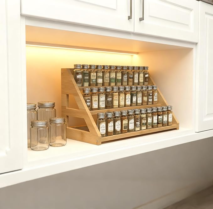 Bamboo Spice Rack: Large Spice Shelf for Kitchen Countertop Pantry Cabinet Organizer, Holds 24 Spice Jars (1.8")