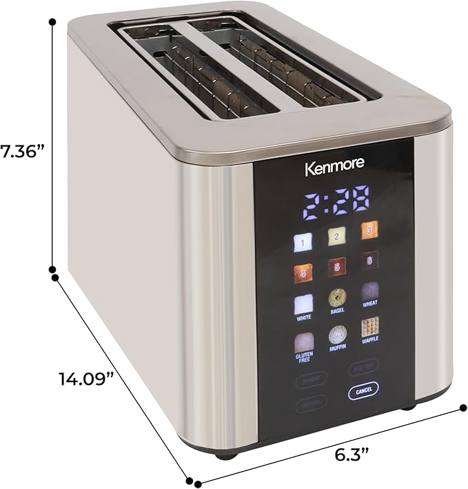 Kenmore 4-Slice Long Slot Toaster | Color Touch Screen & 6 Shade Settings | Extra Wide Slots | Digital Timer | Customizable Smart Presets | Reheat, Defrost, Add Time Functions | Stainless Steel