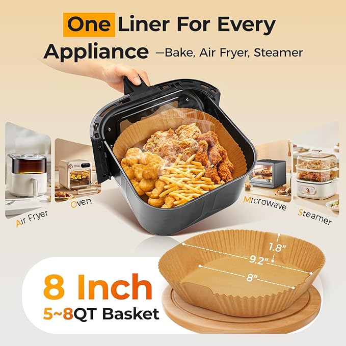 Air Fryer Paper Liners, 200pcs Air Fryer Liners Disposable, 8" Square Baking Liner for 5-8 qt Airfryer Basket, Non-stick and Oil Proof Parchment Paper for Oven, Pans & Baking