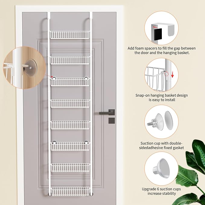 TIMEBAL 8 Tier Over the Door Pantry Organizer, and Storage Rack with 8 Full Baskets, Metal Hanging & Wall Mounted Kitchen Storage Spice Rack, Bathroom Over Door Organizer-White