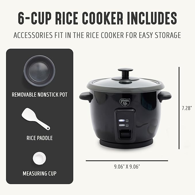 GreenLife Rice Cooker with Removable PFAS-Free Nonstick Pot, 3-Cups Uncooked/6-Cups Cooked, One-Switch Design, Auto Keep Warm Function, Soup, Grains, Oatmeal, Wood Handle, Black