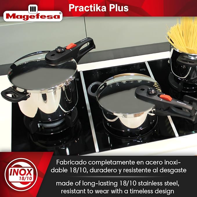 Magefesa Practika Plus Stainless Steel Pressure Cooker Set, 4.2 & 6.3 Quart, Works on All Stovetops, Induction-Compatible, Encapsulated Diffuser Bottom, 5 Safety Systems