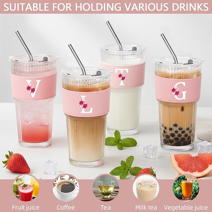 Personalized Gifts for Women,20oz Ribbed Glass Tumbler,Monogrammed Gifts for Women,Birthday Gift,Ice Coffee Mug,Christmas Gift for Mom Sister-L