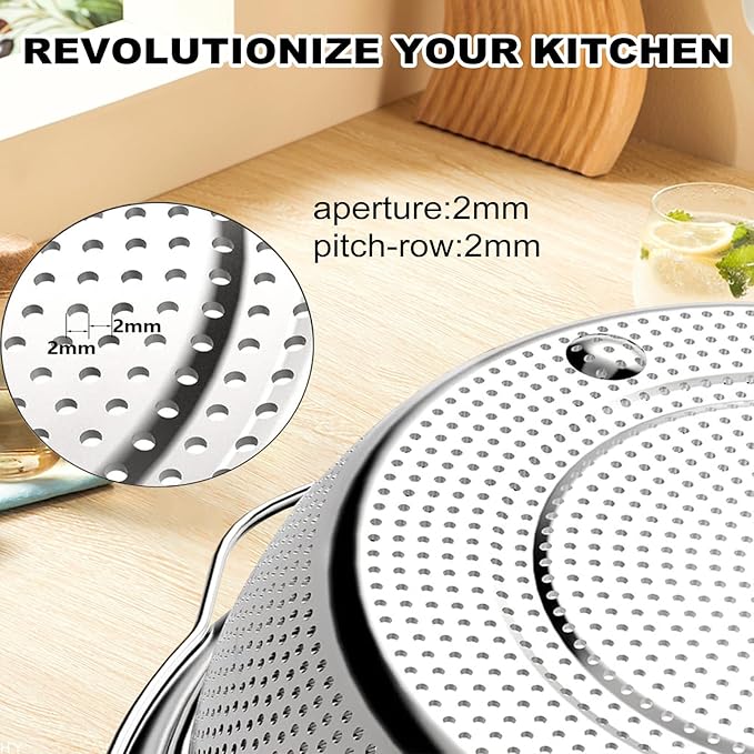 Stainless Steel Microporous Colander for Kitchen, 4.5QT Large Capacity, Colander and Bowl Set of Two, Stainless Steel Drain Basket with Mixing Bowl, for Washing Fruits and Vegetables